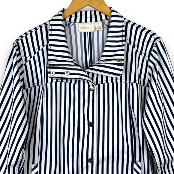 Chicos Navy Blue White Stripe Lightweight Jacket Zipper Front Roll Tab Sleeve XL - Picture 2 of 12